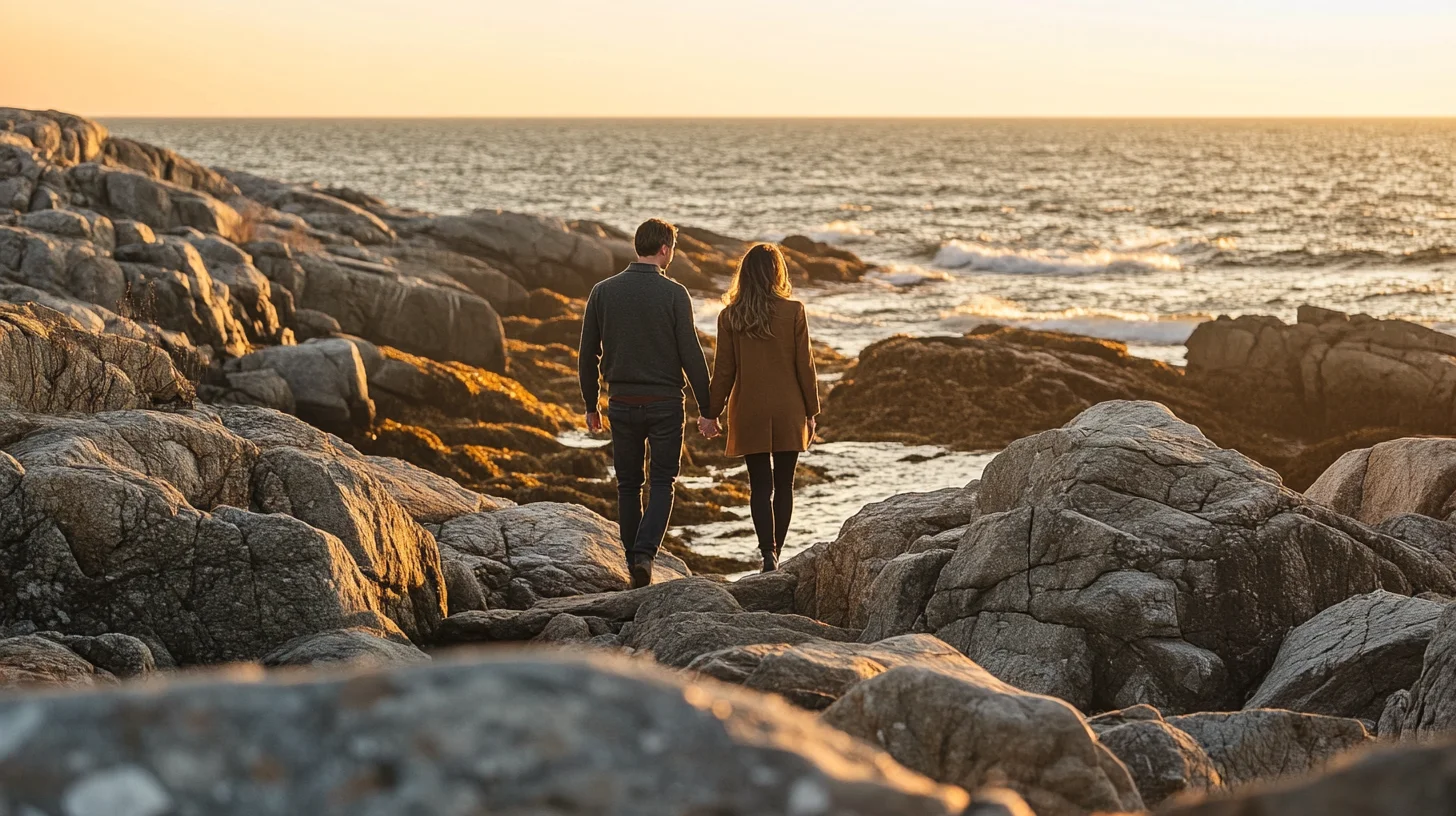 Couple walking together at golden hour along a South Shore Massachusetts beach, soft warm light reflecting off the water behind them