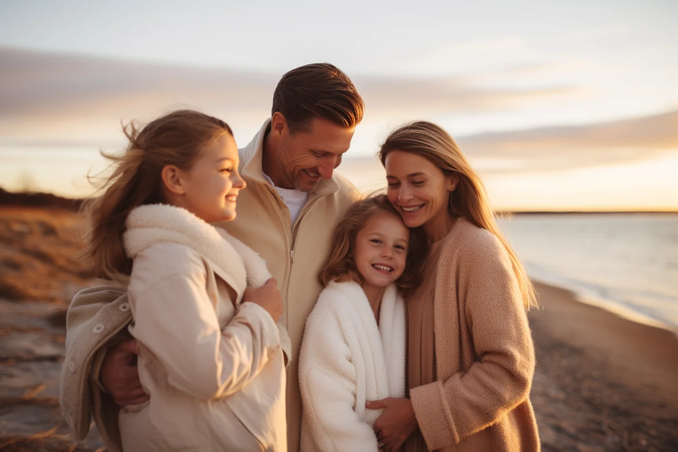 South Shore Massachusetts family standing together on a Duxbury beach at golden hour during their annual family portrait session, warm late-afternoon light on calm water