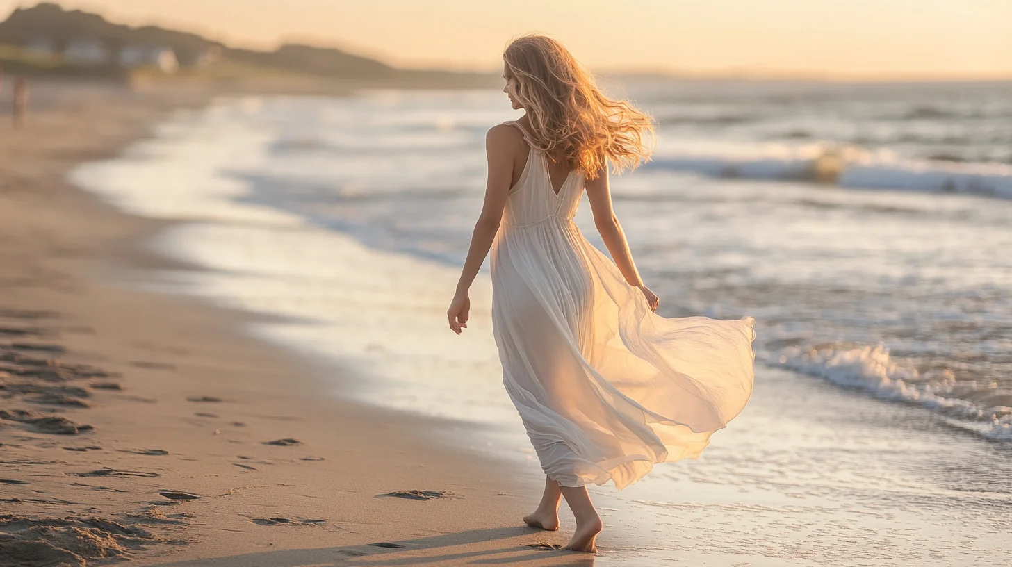 Senior girl in a flowing cream maxi dress walking along the shoreline at Duxbury Beach during golden hour, ocean light catching the fabric as it moves in the breeze