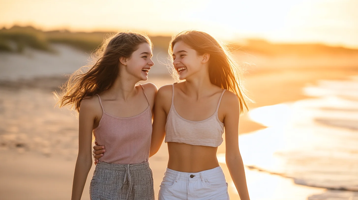 Two best friends laughing and running together on a South Shore Massachusetts beach during a senior portrait session, golden afternoon light behind them