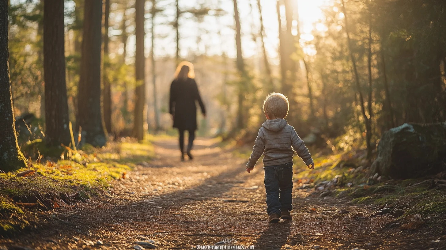 Toddler walking with a parent on a gentle wooded path during a South Shore Massachusetts family portrait session, soft natural light filtering through the trees