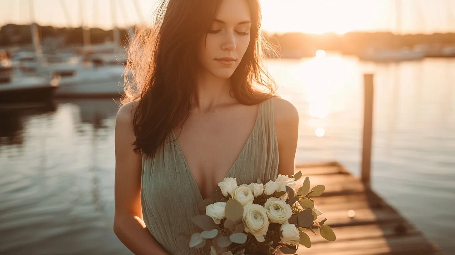 Outdoor birthday photoshoot at a South Shore Massachusetts harbor at golden hour — warm low light, coastal setting, lifestyle photography aesthetic