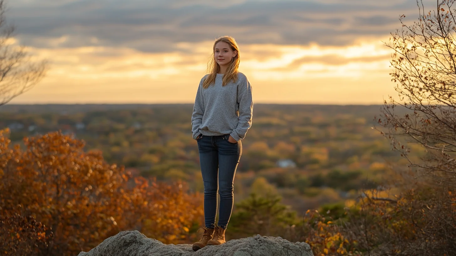 Senior portrait session on the Blue Hills Reservation granite ledges near Braintree, Massachusetts, with panoramic views of Greater Boston in the background