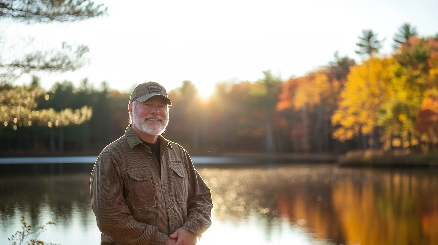 Professional branding portrait at Forge Pond in Hanover, Massachusetts, warm golden evening light reflecting off the open water behind a business owner standing on the shoreline