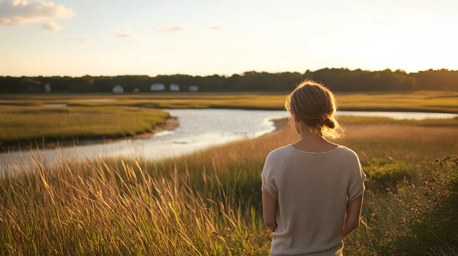 Outdoor branding photography session in Norwell, Massachusetts, with a professional standing near the North River salt marsh in warm afternoon golden light