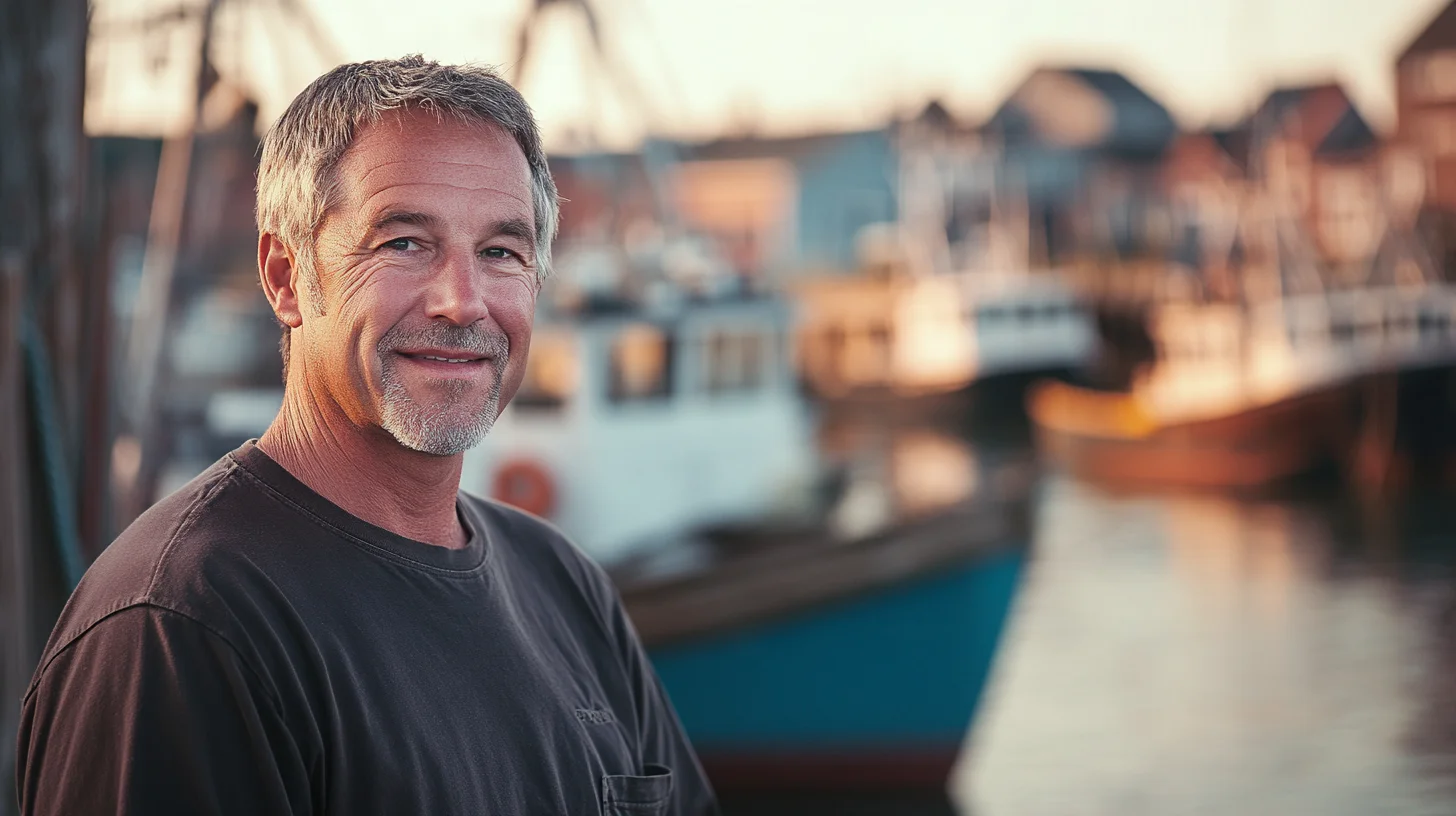 Entrepreneur standing on the Plymouth, MA waterfront with the working harbor and fishing fleet in the background during a branding photography session
