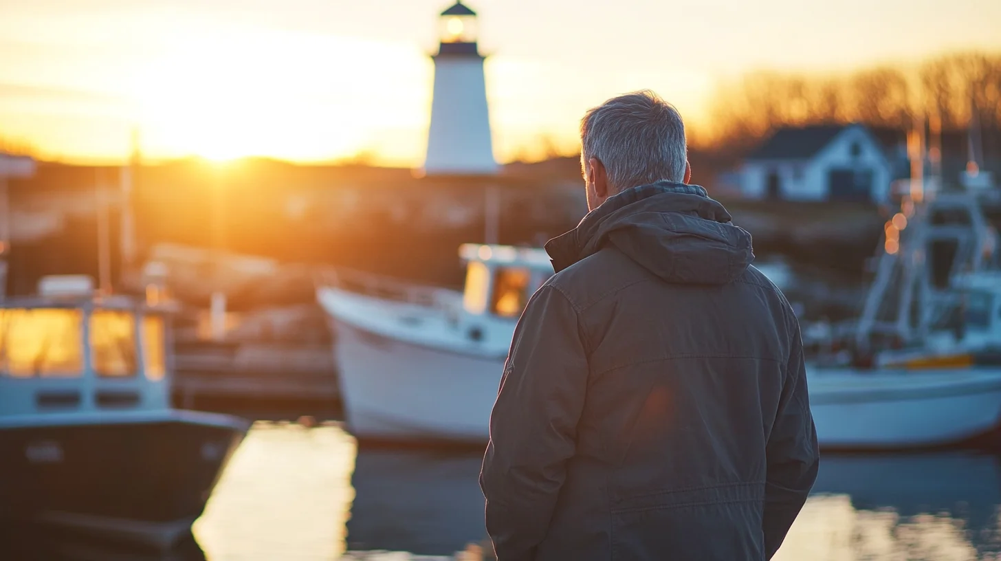 Branding photographer shooting an environmental portrait at Scituate Harbor, Massachusetts, with working lobster boats and weathered dock pilings in the background against a soft morning sky