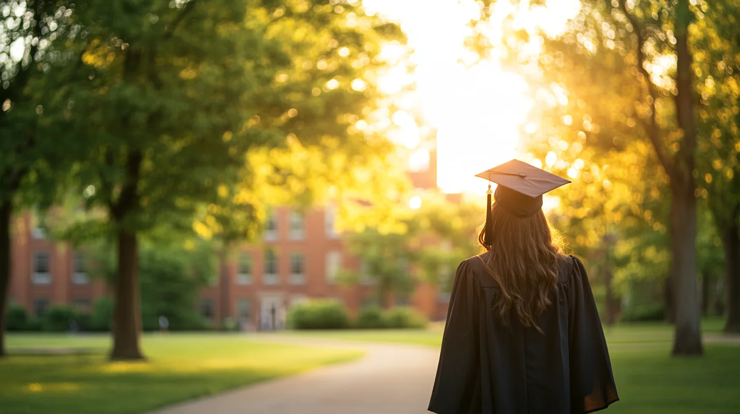 Bridgewater State University graduate in cap and gown photographed at a South Shore Massachusetts outdoor location