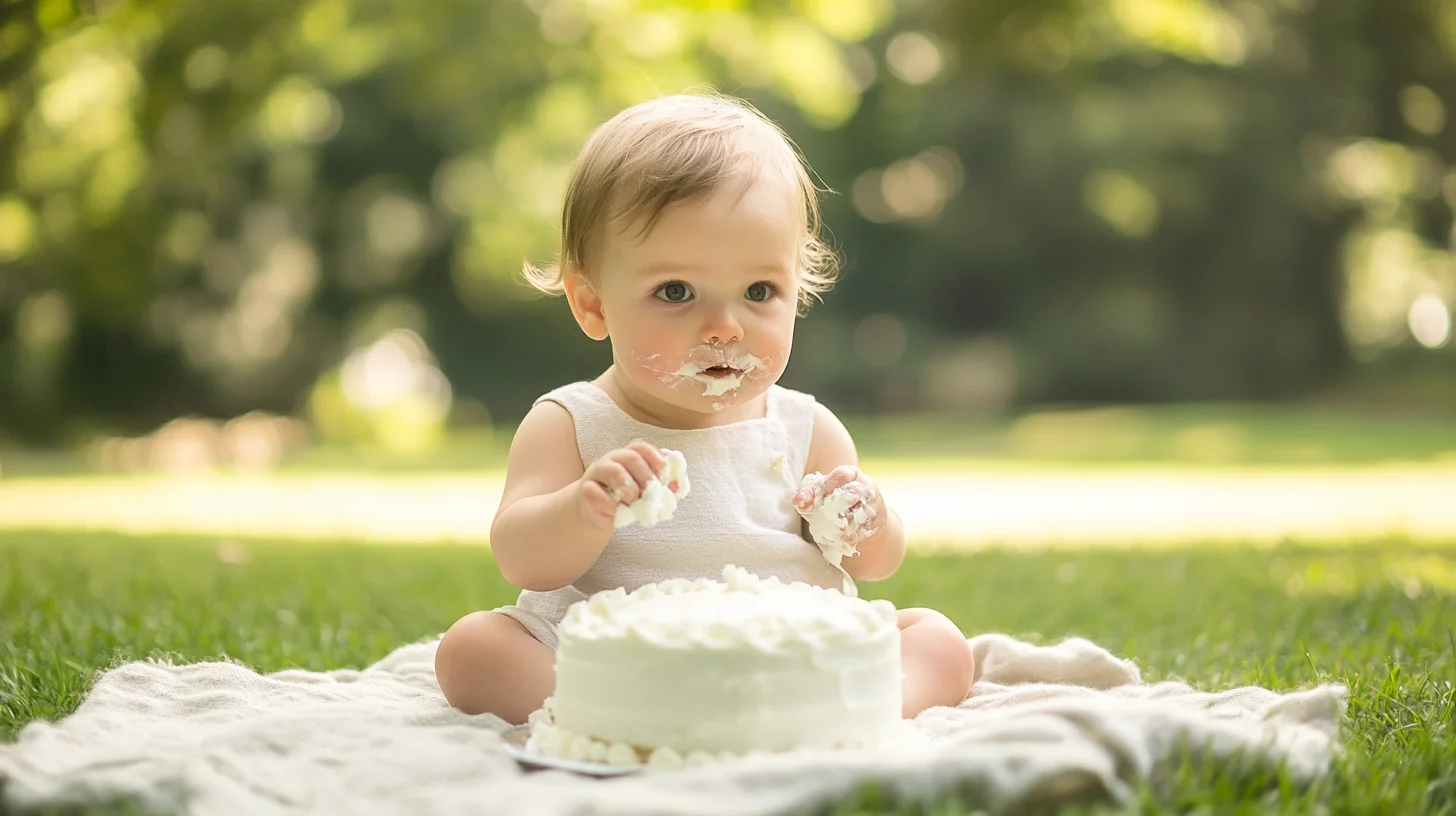 Baby sitting on a blanket in a sunny South Shore Massachusetts park, hands covered in frosting from a smashed first birthday cake, laughing with pure delight