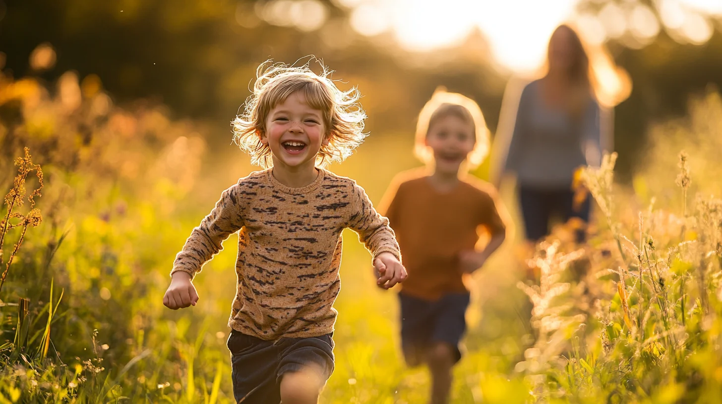 Children laughing and playing outdoors during a portrait session on the South Shore of Massachusetts, natural light filtering through trees