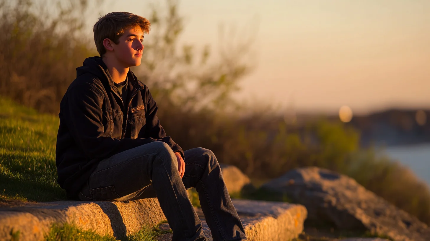 High school senior standing on rocky South Shore coastline during golden hour portrait session, natural light, Massachusetts
