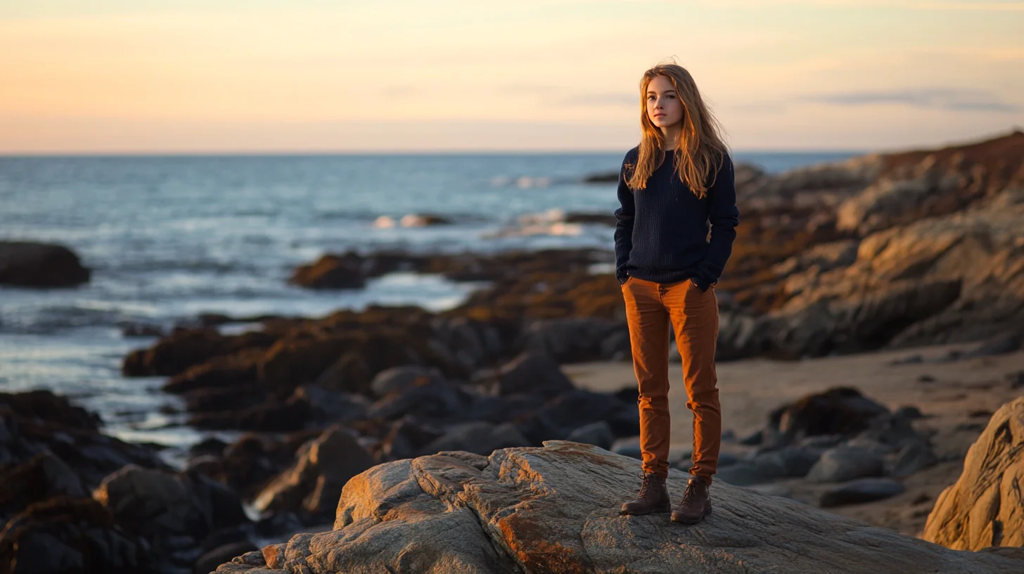 Cohasset High School senior portrait at Sandy Beach with dramatic granite outcroppings, golden hour light across the Atlantic, and Cohasset coastline in the background