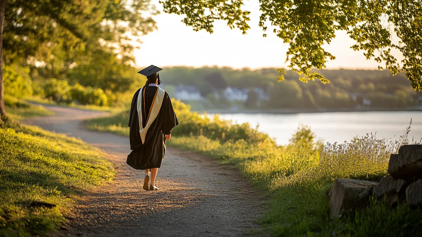 College graduate in cap, gown, and hood photographed at World's End in Hingham, Massachusetts
