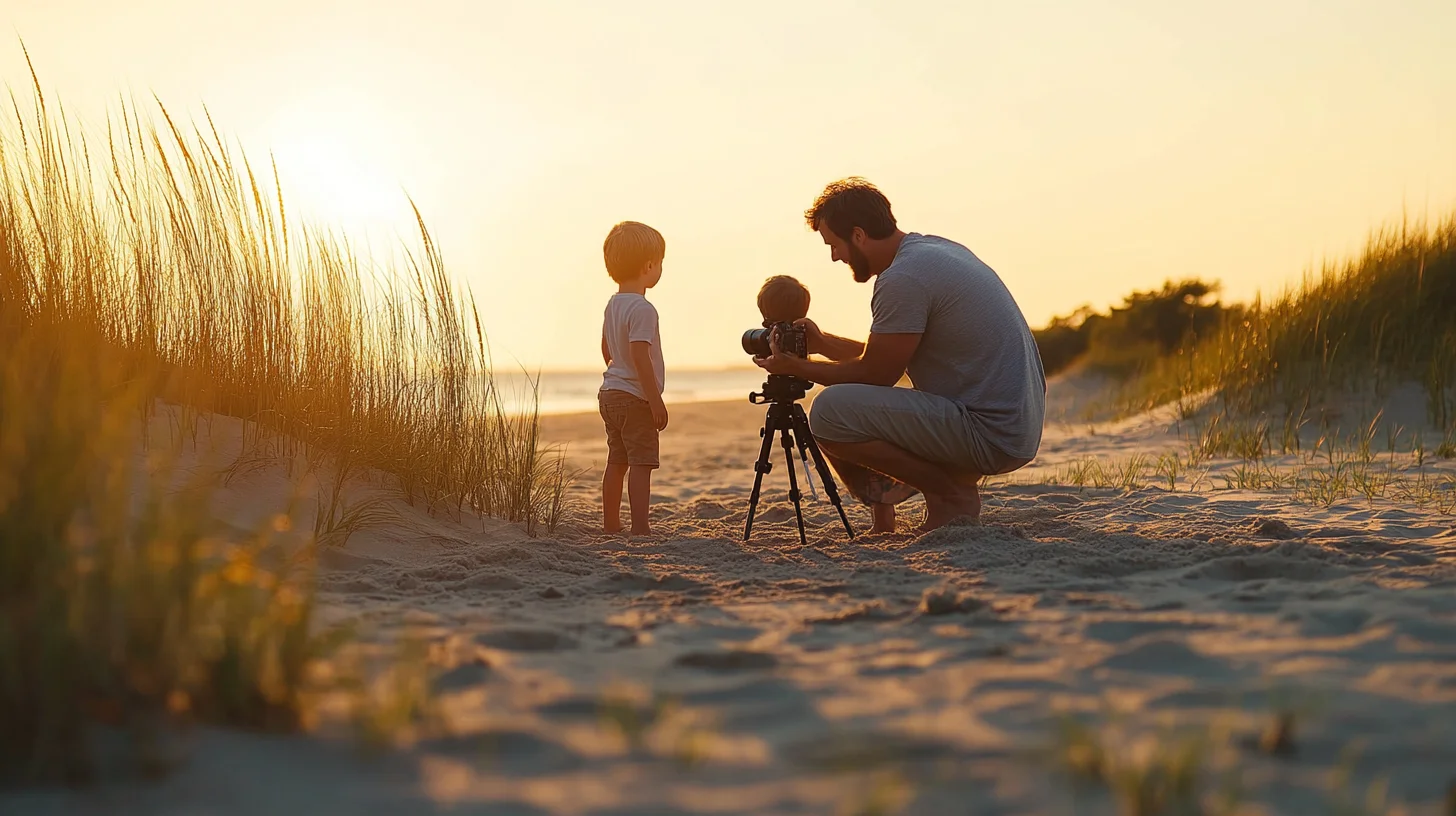 South Shore Massachusetts portrait photographer adjusting camera settings during a beach family session at golden hour