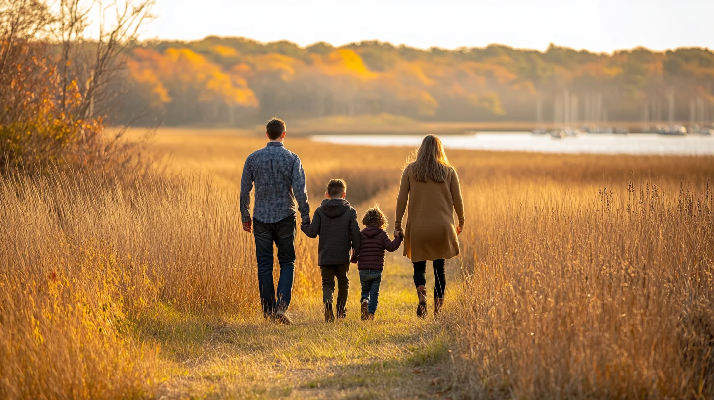 Family walking together along a South Shore Massachusetts beach at golden hour, warm light catching the waves behind them