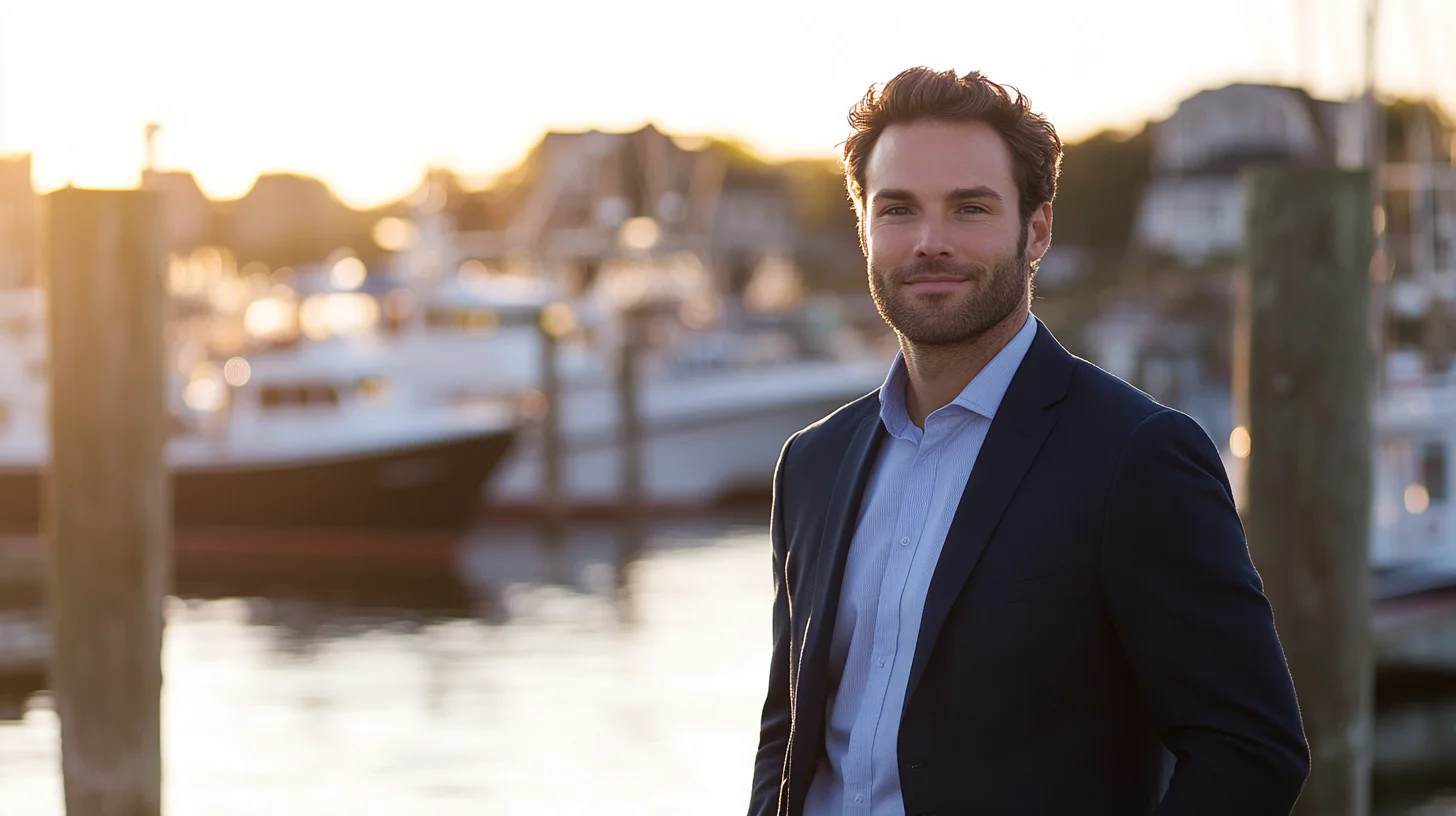 Professional on-location headshot at Hingham Harbor on the South Shore of Massachusetts