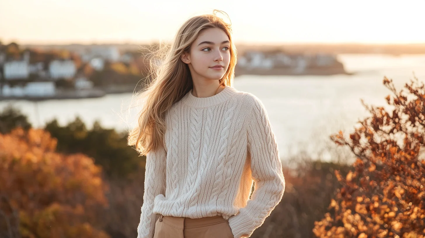 High school senior standing on a rocky South Shore Massachusetts coastline during golden hour, warm light glowing across the water behind them