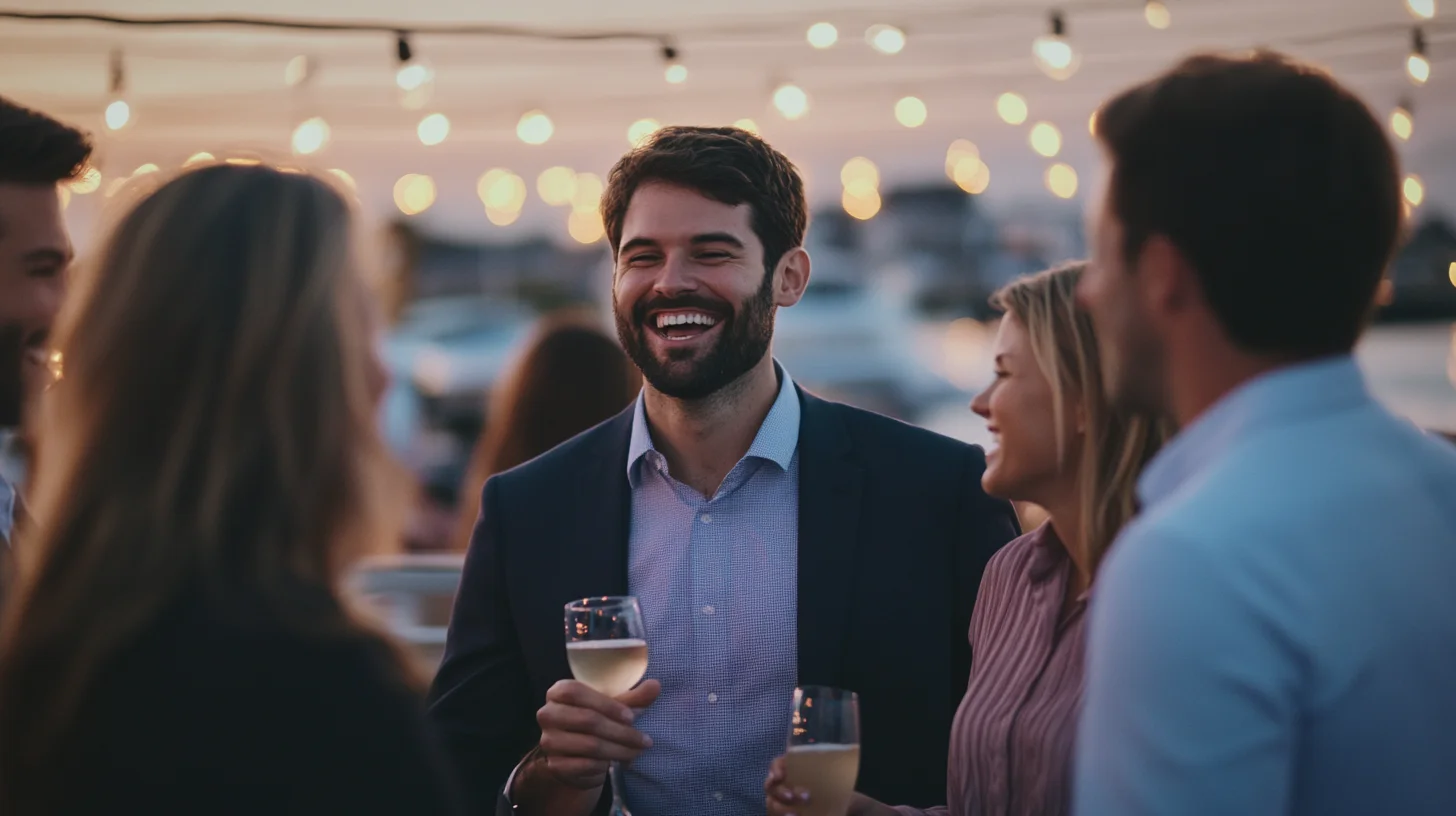 Coworkers sharing a genuine laugh during an outdoor company event on the South Shore of Massachusetts, warm evening light across the venue