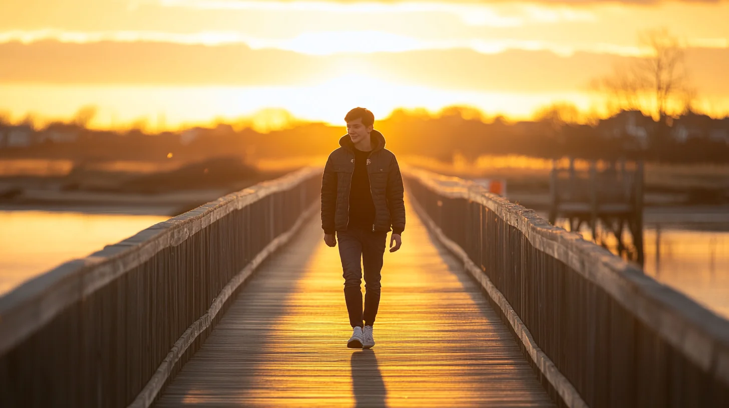 Duxbury High School senior standing on Powder Point Bridge at golden hour, Duxbury Bay stretching out behind them under a warm sky