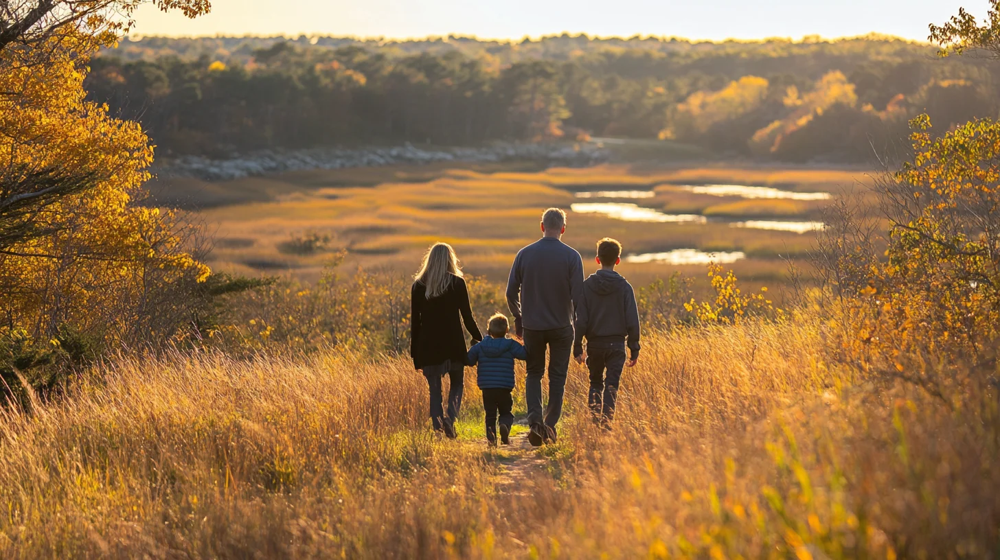 Couple walking hand in hand along a South Shore Massachusetts beach at golden hour, warm light reflecting off the water behind them