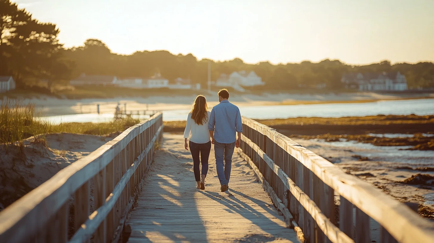 Couple walking along Duxbury Beach at golden hour during an engagement session on the South Shore of Massachusetts, warm coastal light reflecting off the water