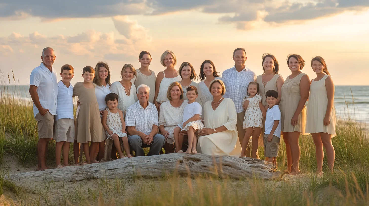 Extended family of eighteen people standing together on a wide South Shore beach at golden hour, three generations arranged on the sand with the ocean behind them