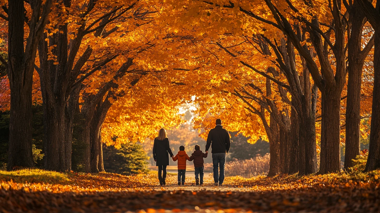 Family portrait session along a golden carriage road at World's End in Hingham Massachusetts during peak October foliage, warm afternoon light filtering through turning maple trees