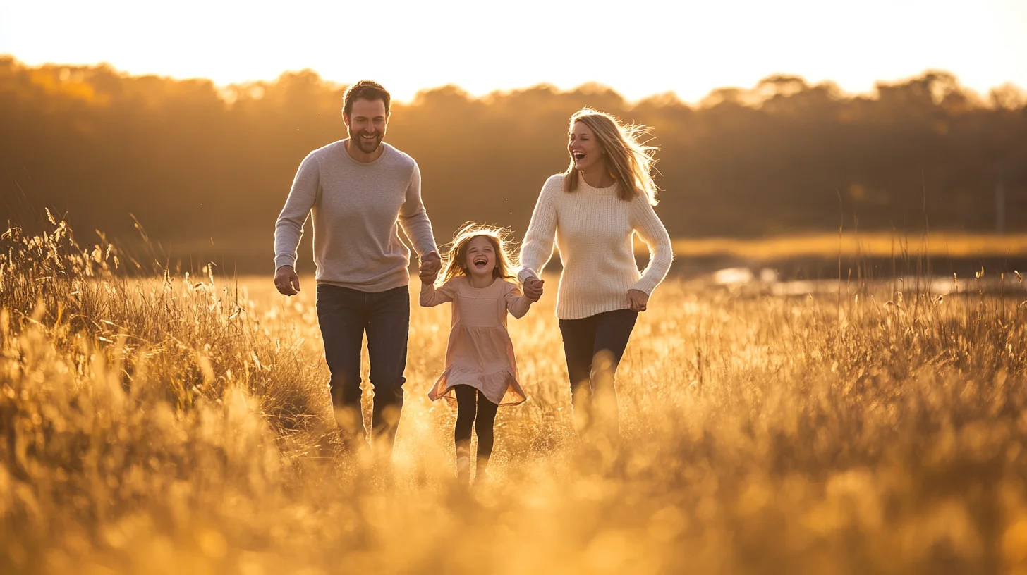 Family portrait at golden hour during fall foliage season on the South Shore of Massachusetts, warm amber light filtering through turning maple trees