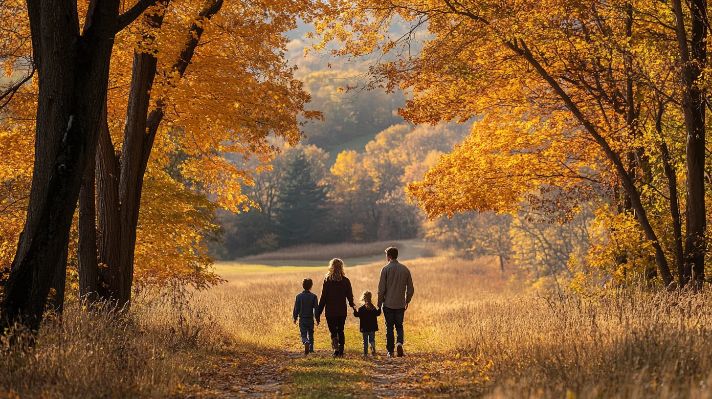 Fall foliage along the Olmsted-designed carriage roads at World's End in Hingham, Massachusetts, warm golden October light filtering through turning maple and oak trees