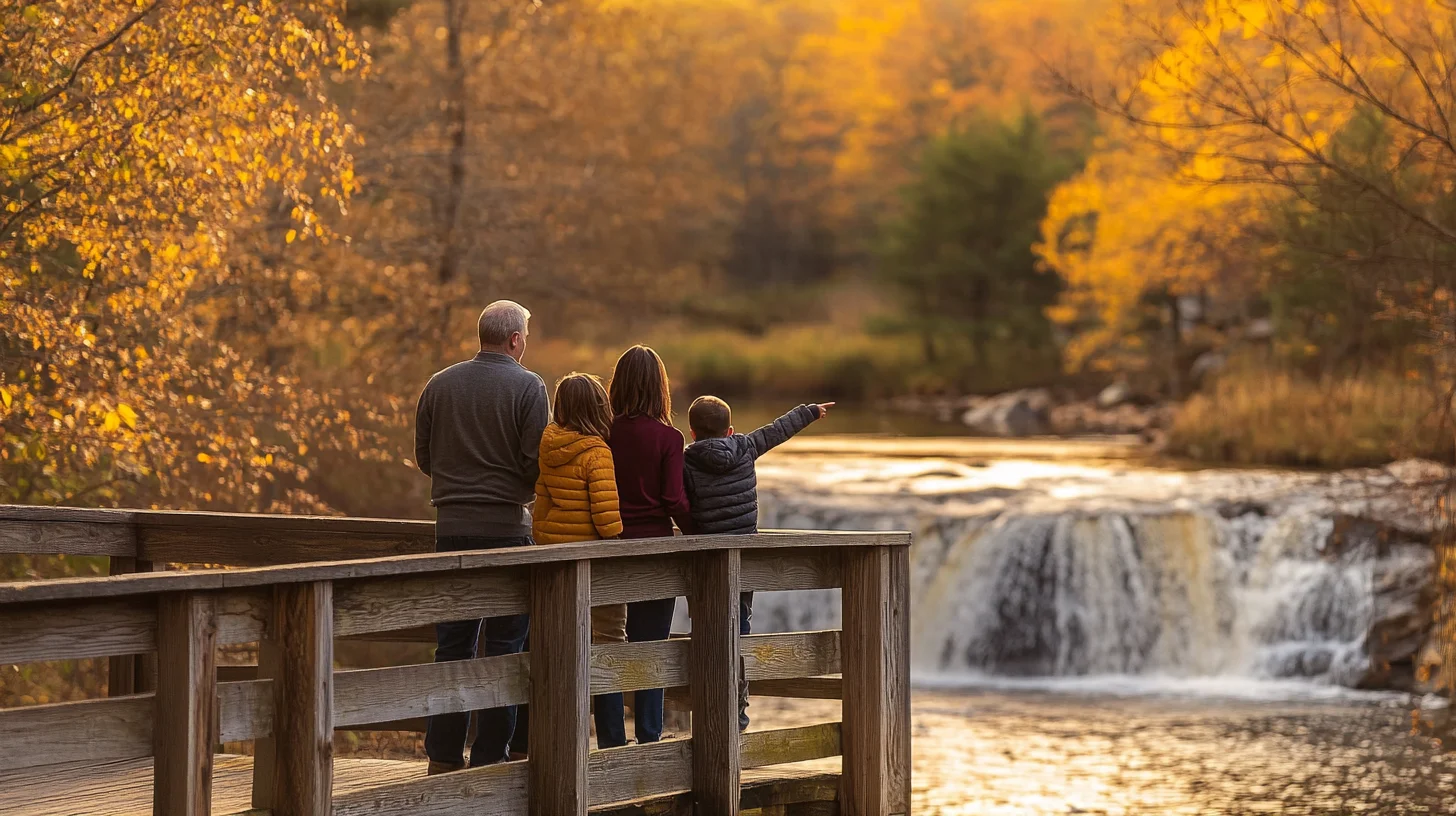 Family portrait session at Luddam's Ford Park footbridge over the Indian Head River in Hanover Massachusetts, warm golden-hour natural light, candid moment of kids exploring the riverbank