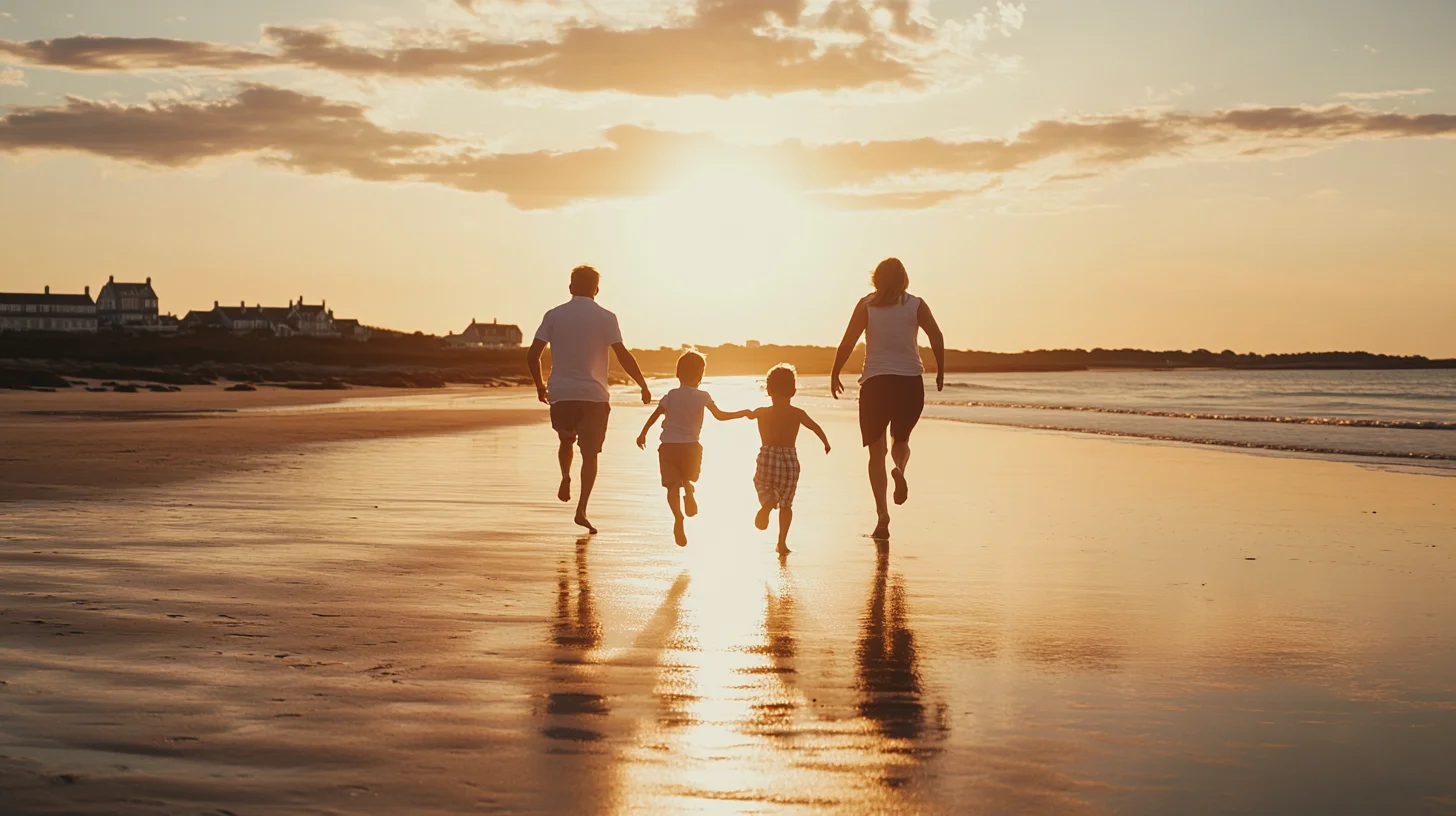 Family portrait session at Nantasket Beach in Hull, Massachusetts — warm golden hour light, South Shore Photography
