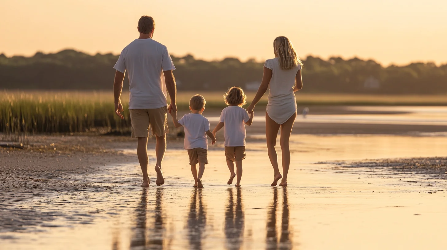 Family walking along the tidal boardwalk at Gray's Beach Park in Kingston MA, warm golden hour light reflecting across Kingston Bay behind them