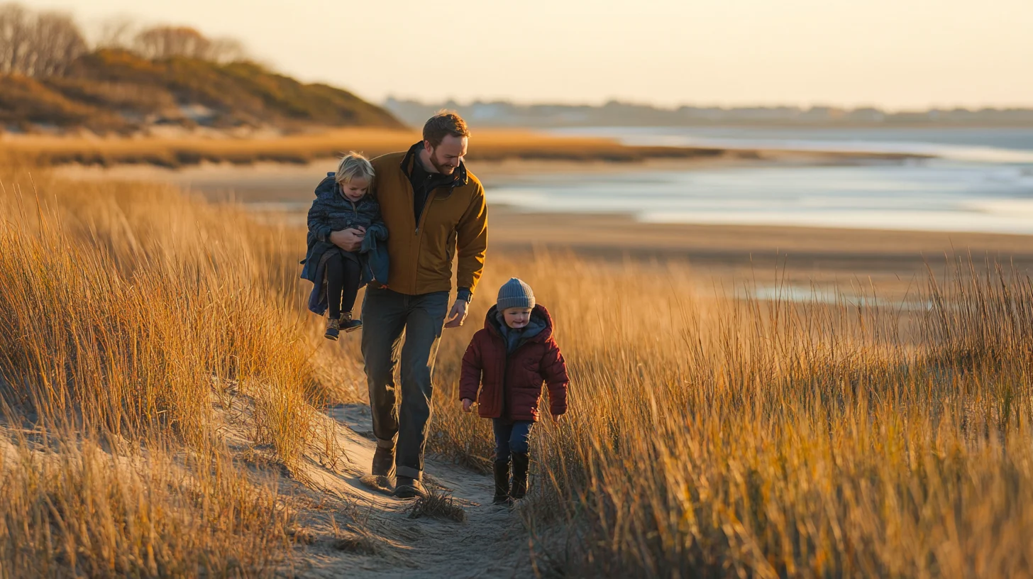 Family portrait session at Marshfield Beach on the South Shore of Massachusetts, golden hour light over the ocean