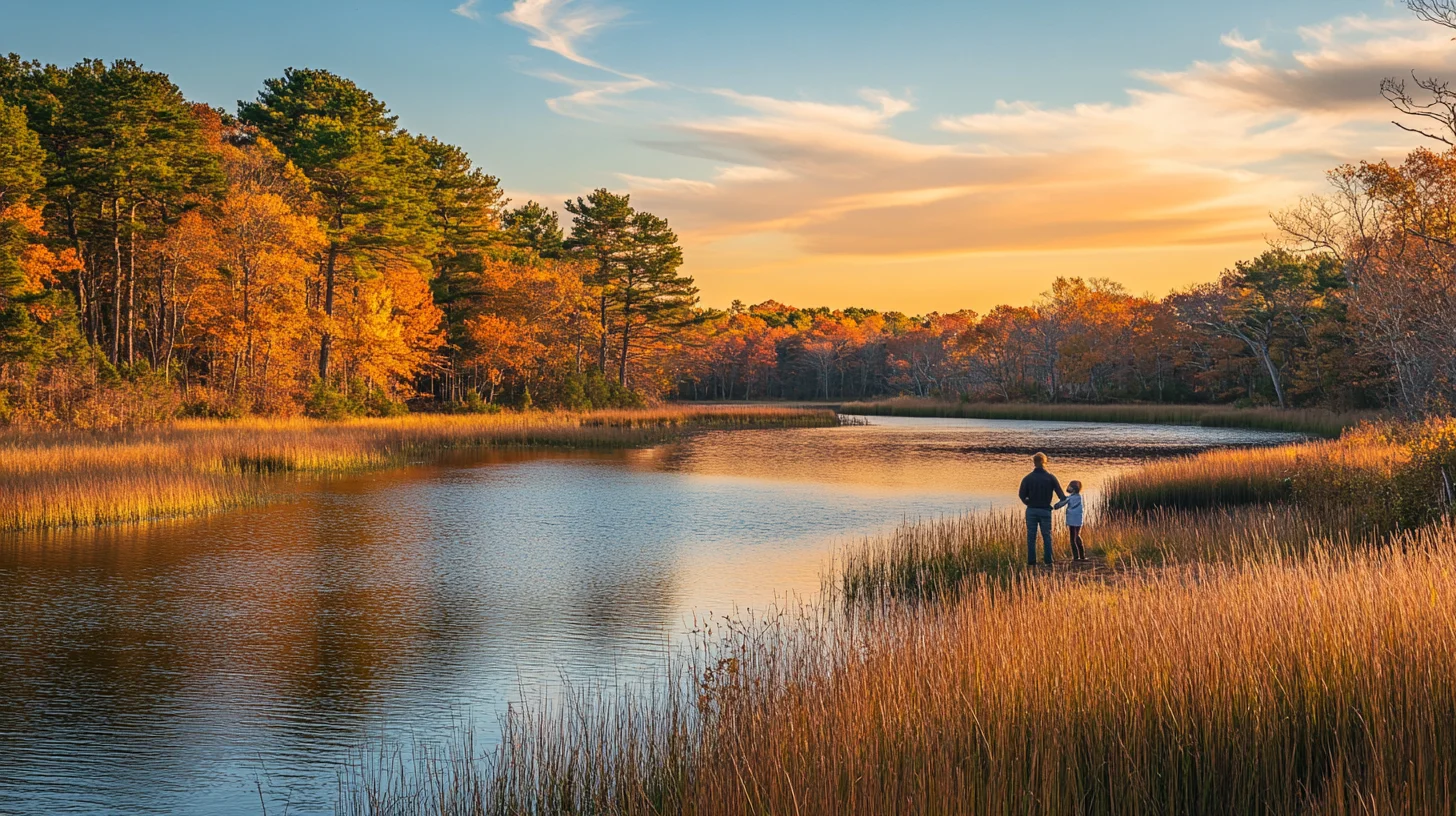 Family portrait session along the North River conservation land in Norwell, Massachusetts, with amber marsh grass and reflective water in the background