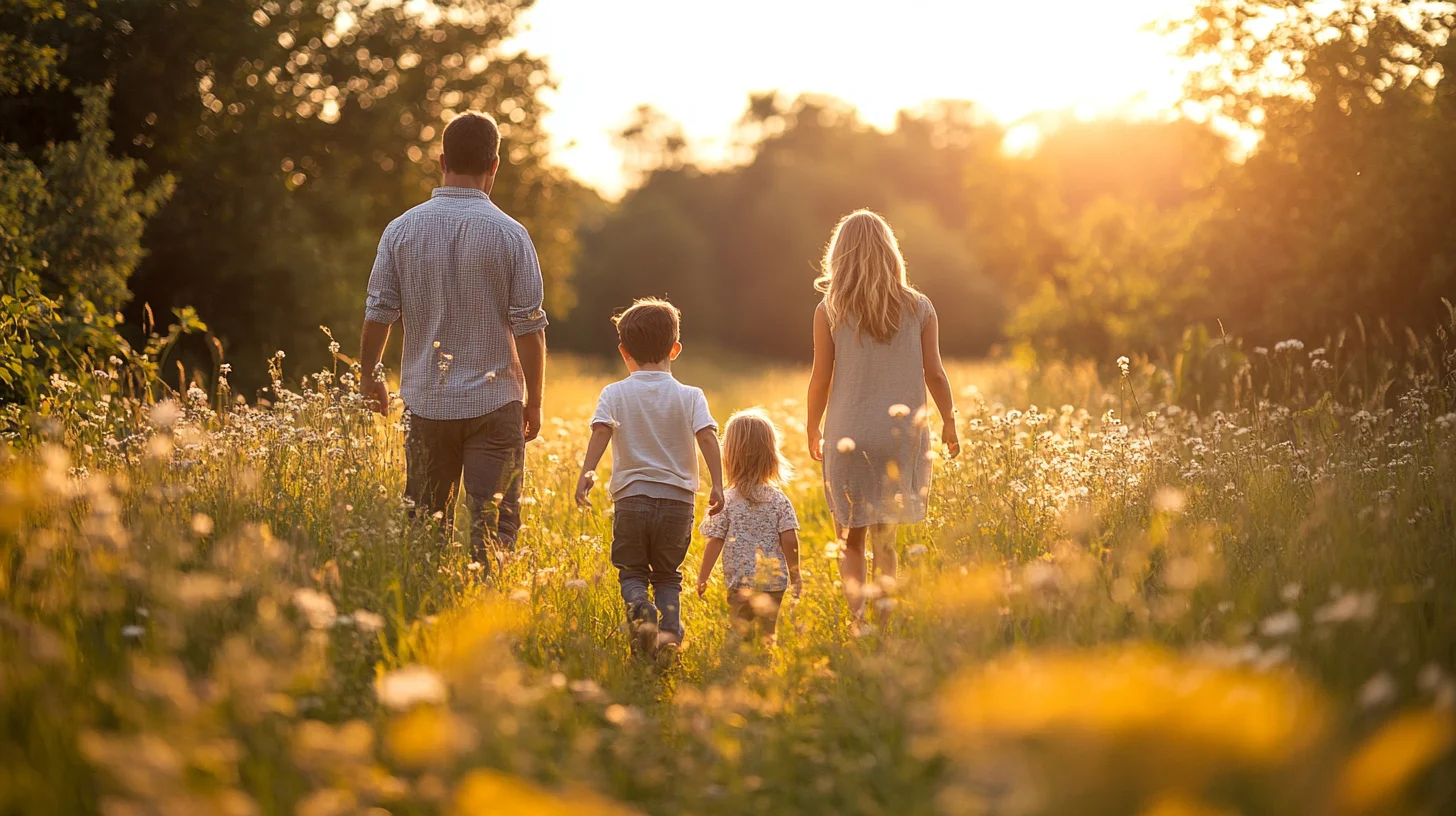 Family portrait session at Willow Brook Farm Preserve in Pembroke, Massachusetts — golden meadow light at golden hour, candid moment with young children in an open wildflower field