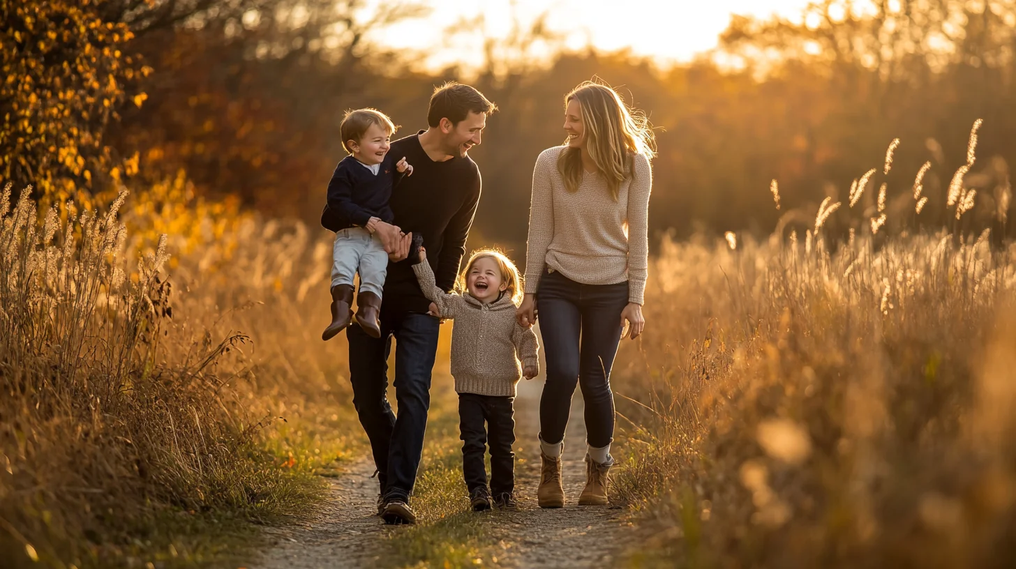 A family of four in a natural relaxed pose during an outdoor family portrait session on the South Shore of Massachusetts at golden hour, warm light across coastal meadow