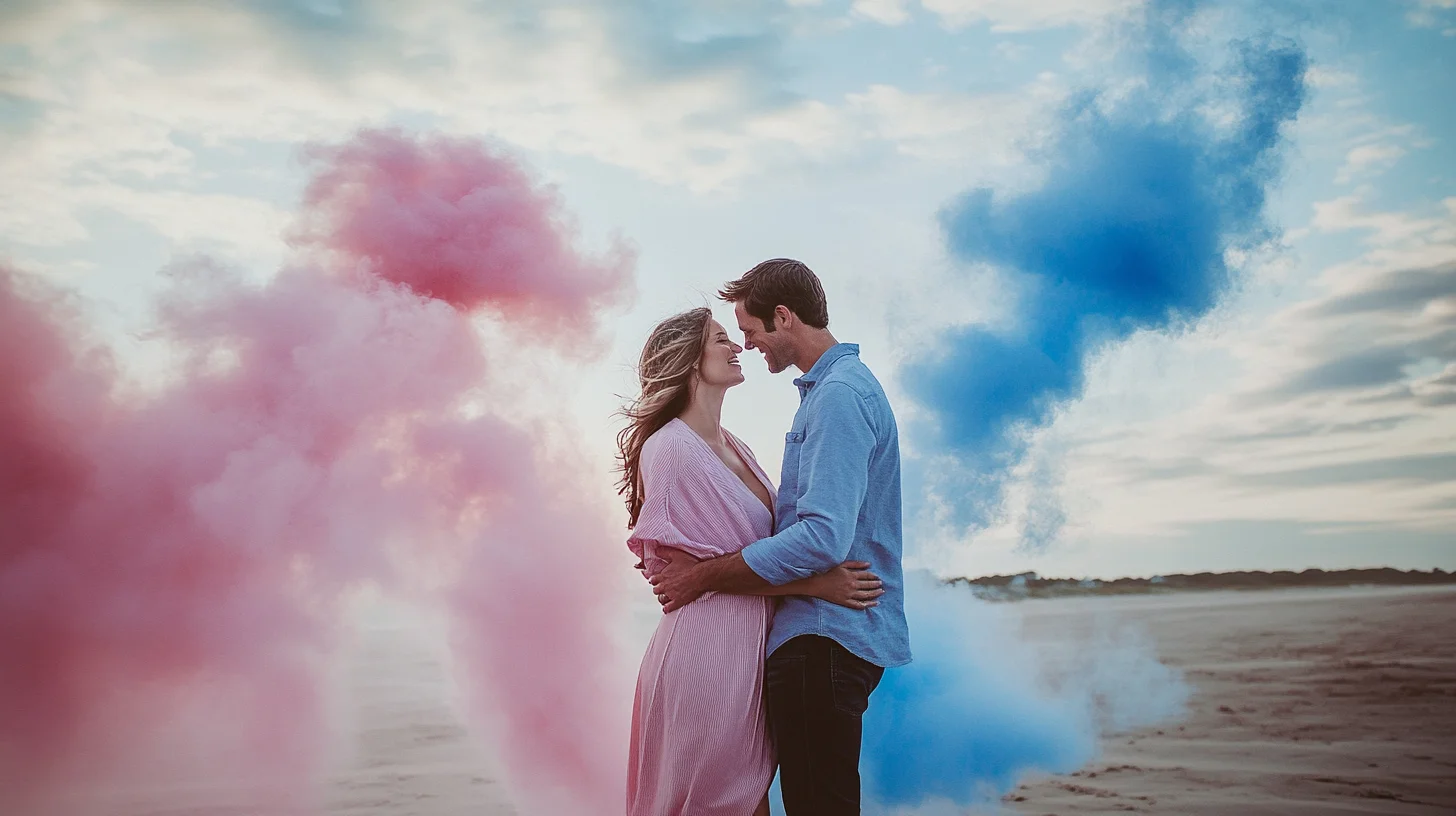 Couple standing on a South Shore Massachusetts beach surrounded by billowing pink and blue colored smoke during a gender reveal portrait session, ocean and open sky behind them