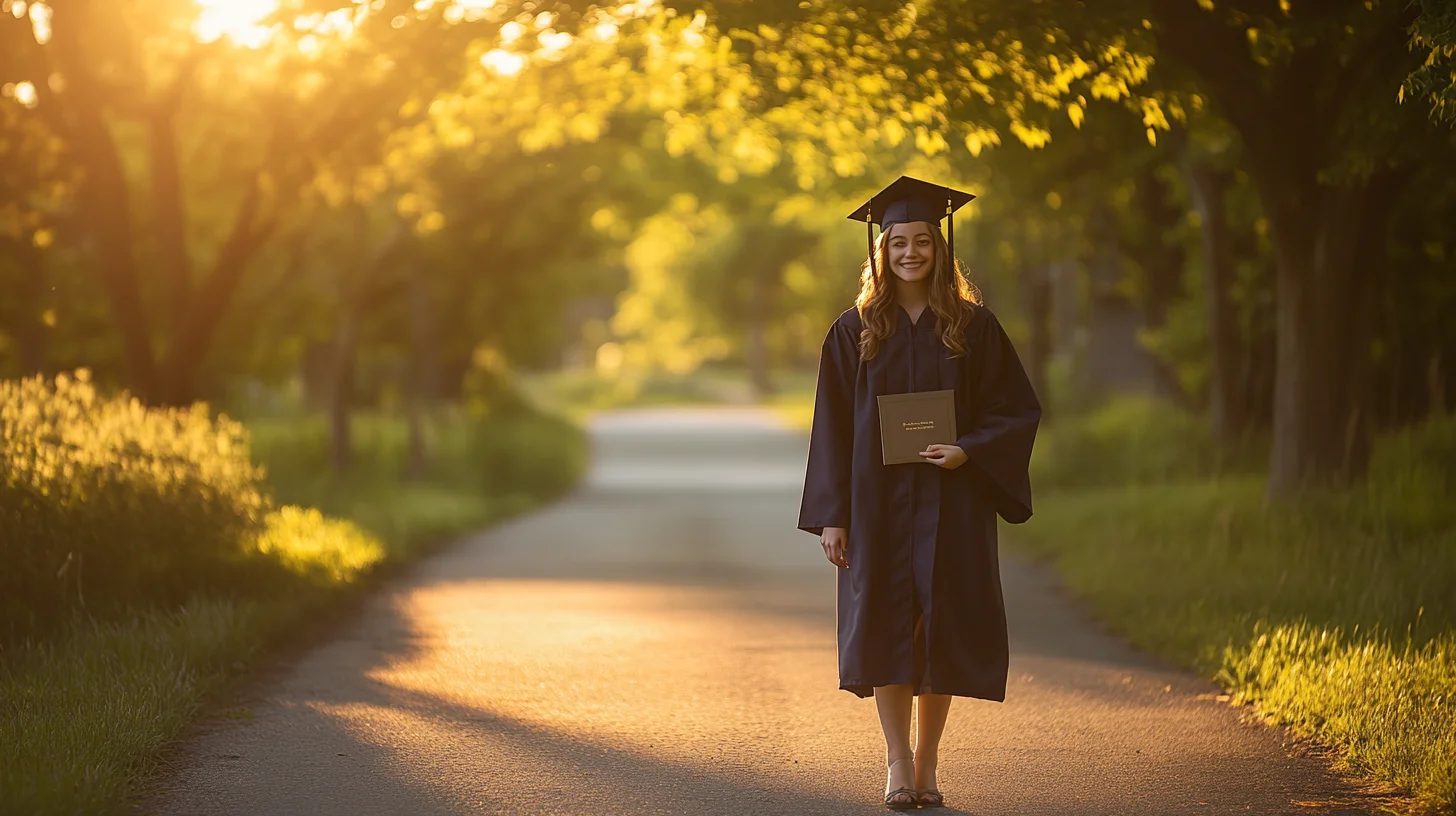 High school graduate in cap and gown standing at a coastal South Shore Massachusetts location, sunlight catching the tassel as they smile with genuine pride