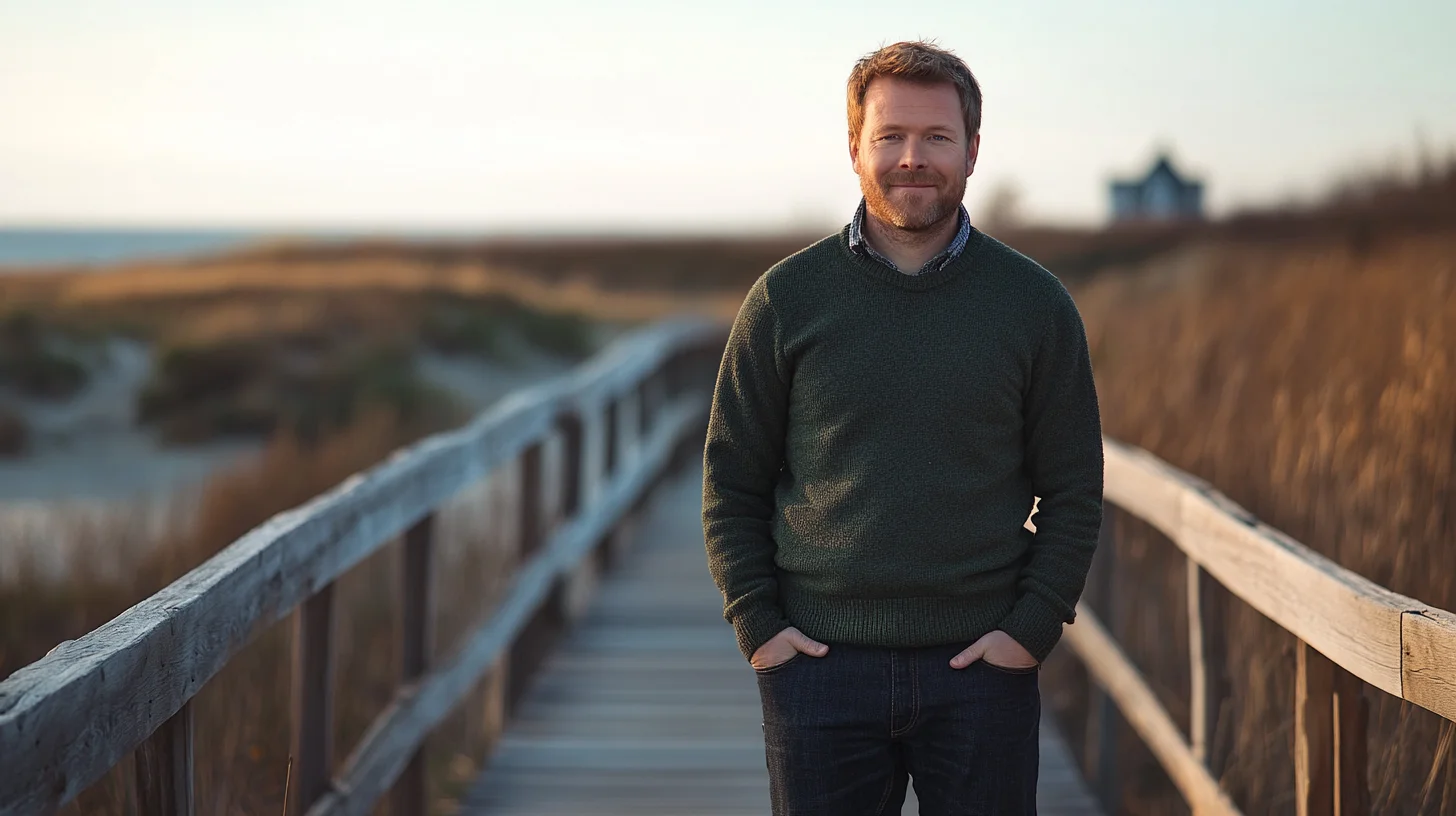 On-location personality-driven headshot of a man in a forest green knit on a Duxbury Beach boardwalk