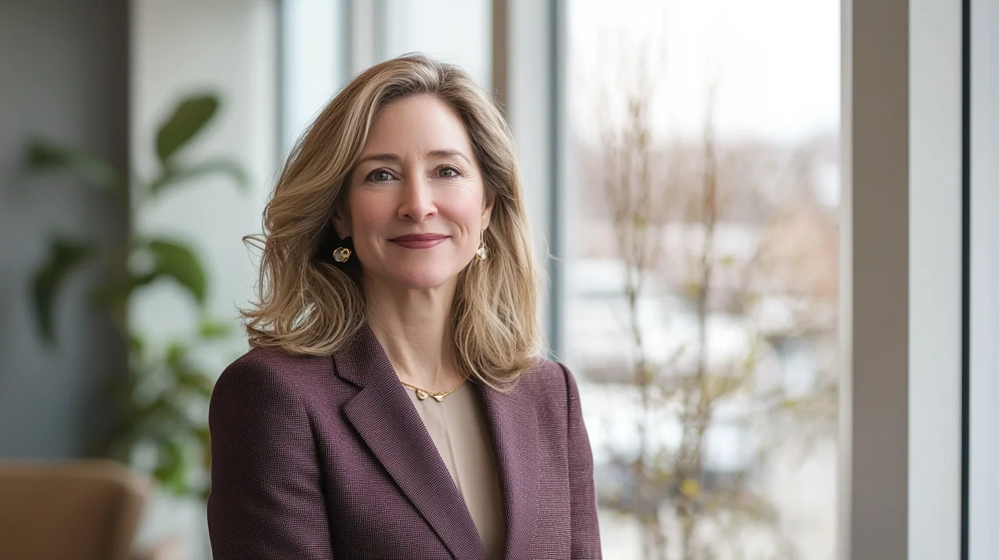 On-location executive headshot of a woman in a merlot blazer at a window in a modern South Shore office