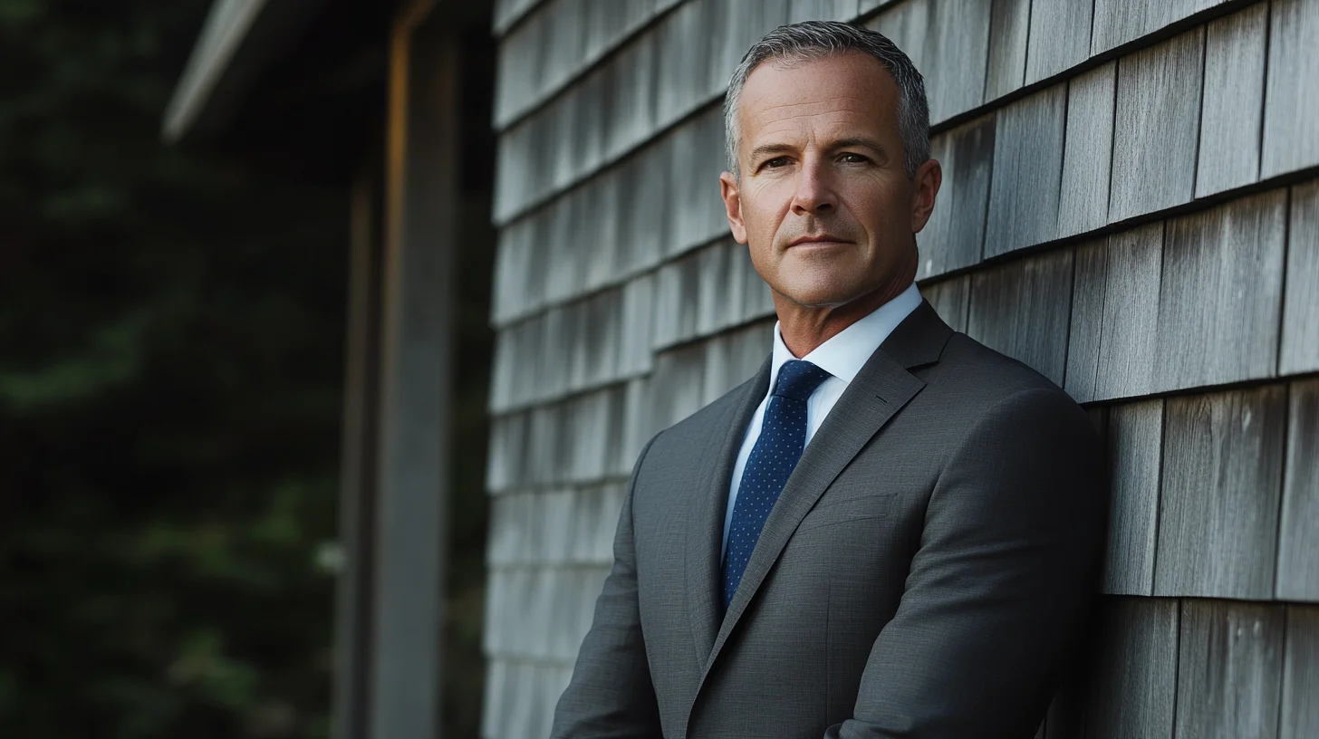 Mature executive headshot in a charcoal suit and navy tie against weathered cedar shingles of a historic South Shore building