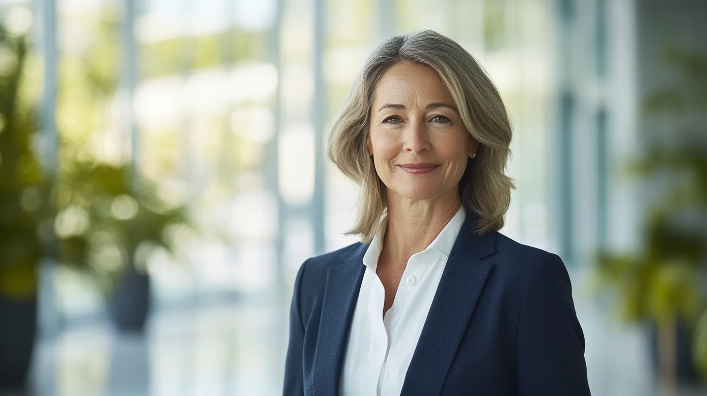 Healthcare professional headshot in a sun-lit hospital atrium with soft natural light