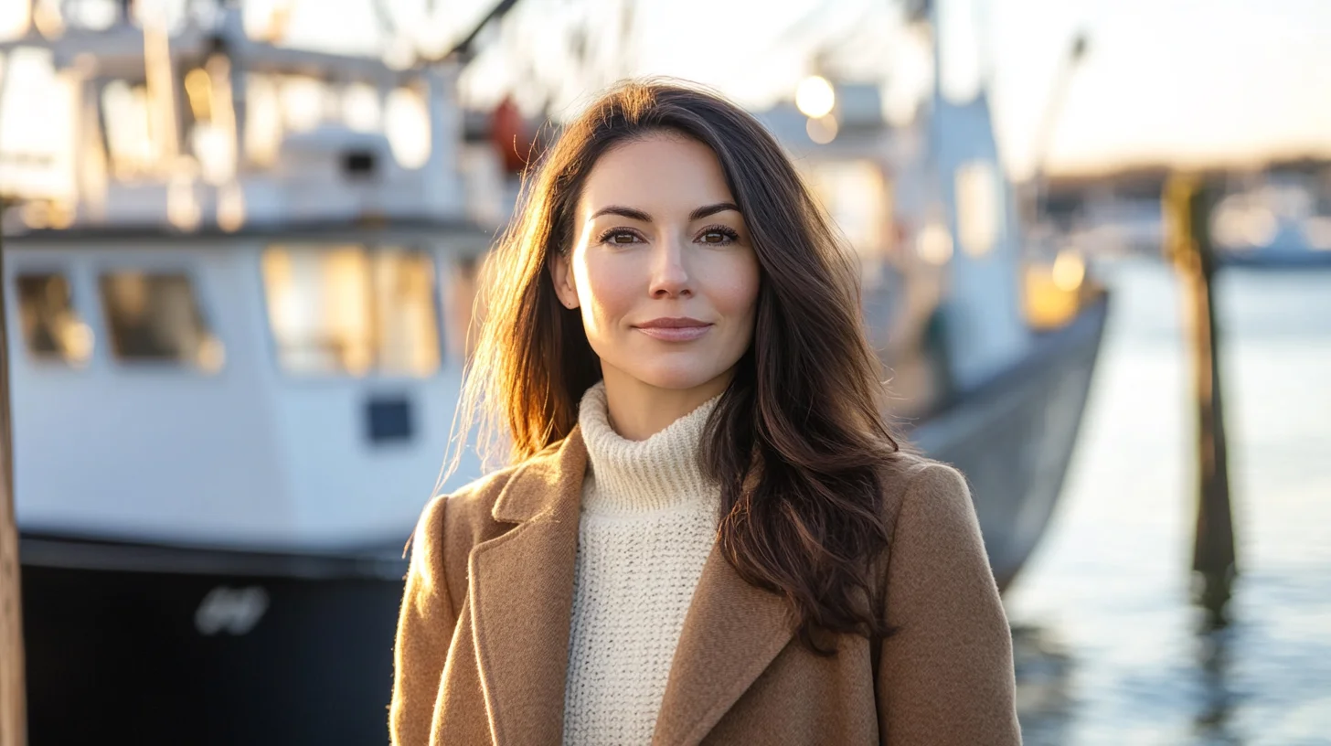 On-location professional headshot at the Hingham Harbor pier with a working lobster boat behind
