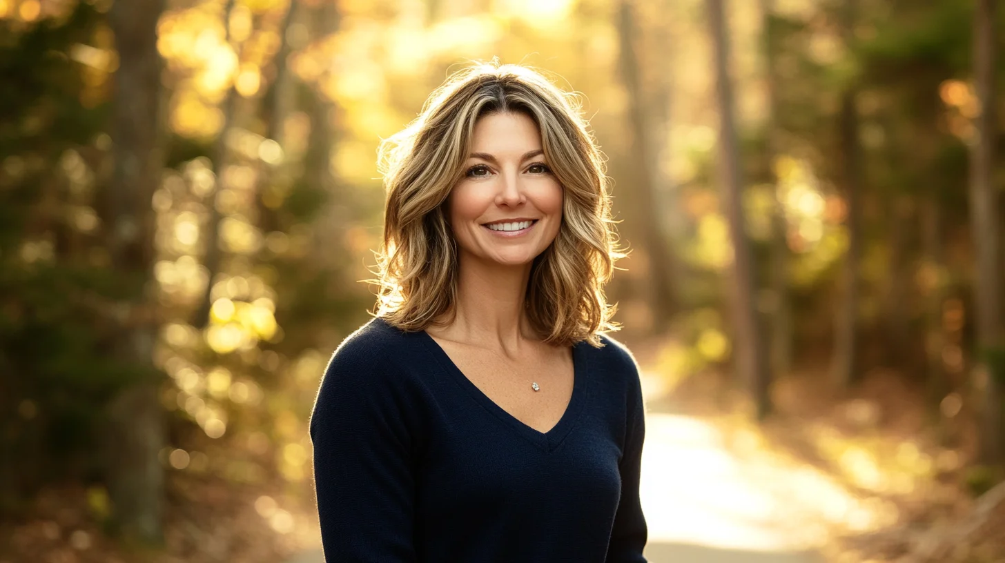 On-location LinkedIn-ready headshot on a sun-dappled carriage path at World's End, Hingham, MA