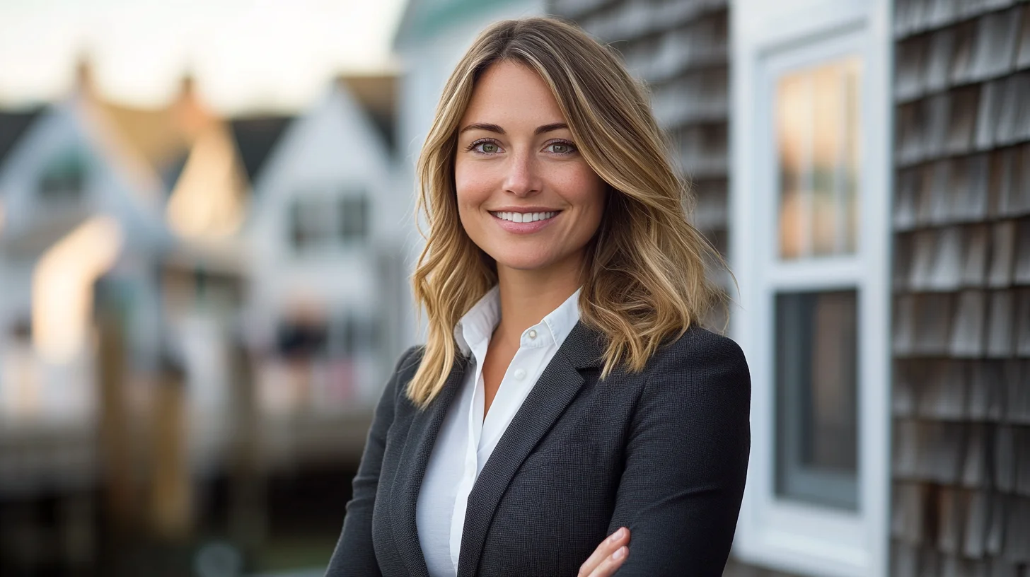 On-location real estate agent headshot in front of weathered shingled cottages in Scituate Harbor, MA