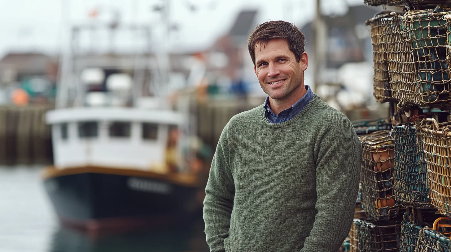 On-location headshot near weathered lobster traps and a working boat at Scituate Harbor, MA