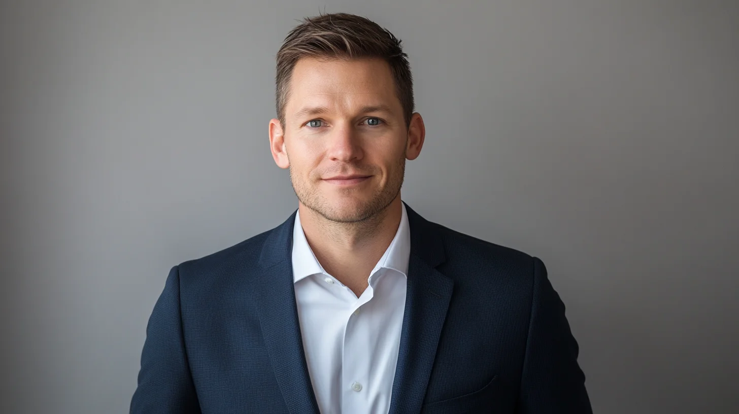 Studio headshot of a male professional in a navy blazer against a clean light grey backdrop