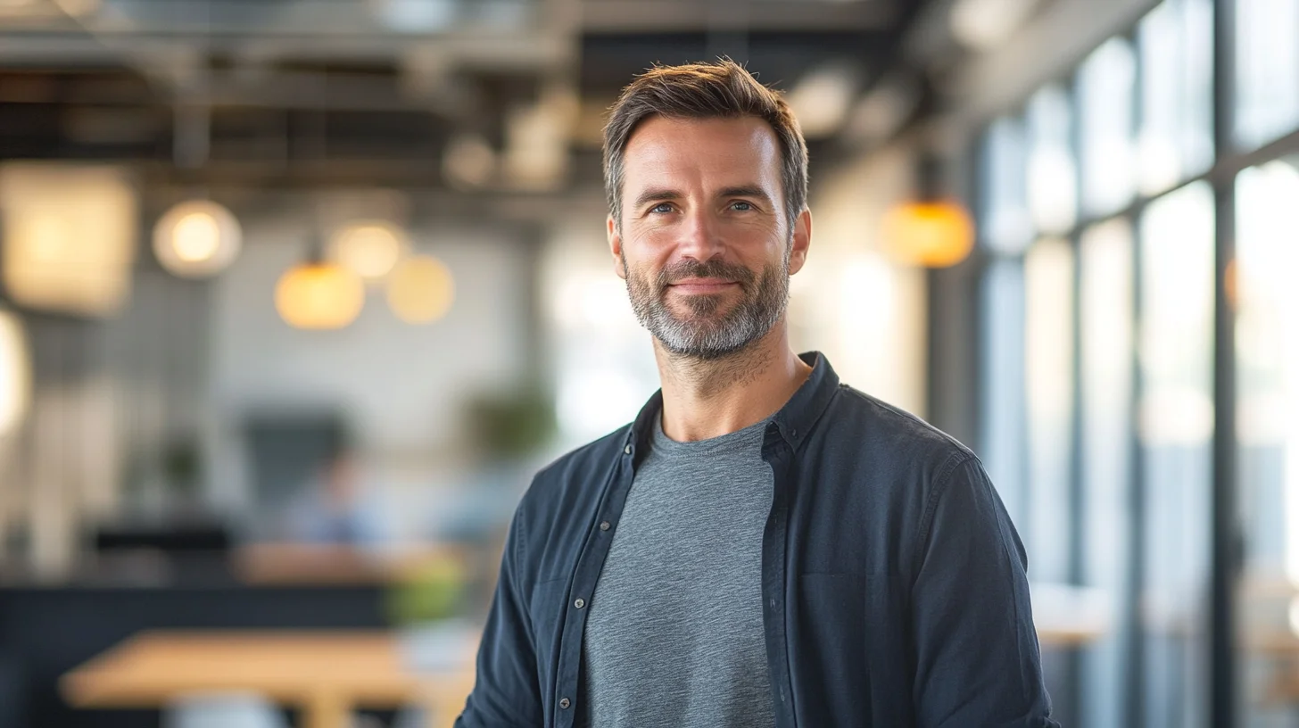 On-location casual professional headshot in a contemporary South Shore coworking environment