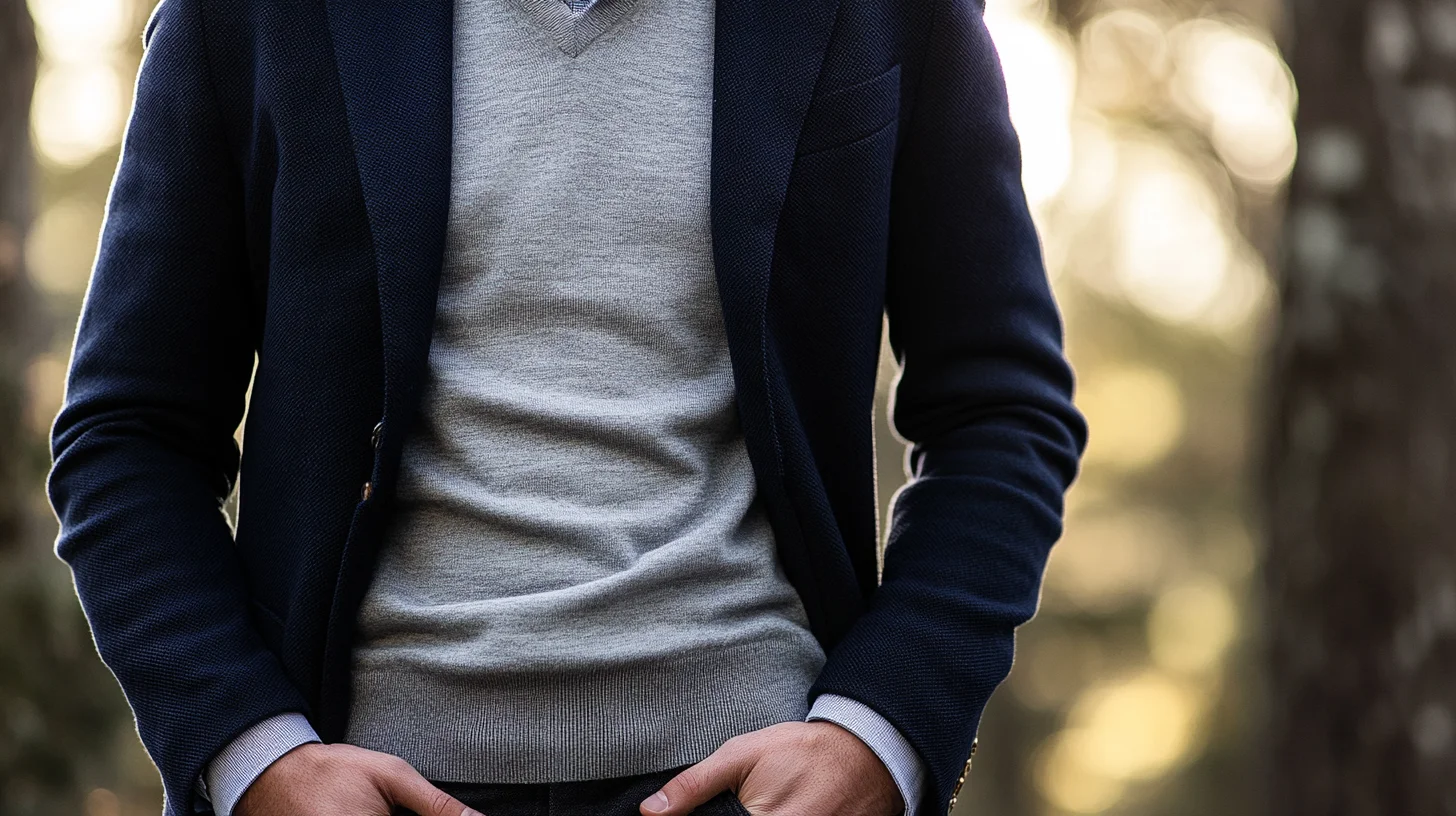 Detail shot of a male torso in a navy blazer over a heather grey crewneck and open-collar light shirt — wardrobe layering reference
