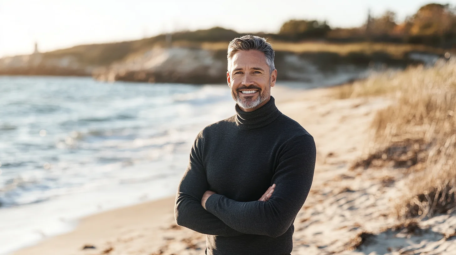 On-location headshot on the sandy shoreline of Wollaston Beach in Quincy, MA with the Atlantic behind